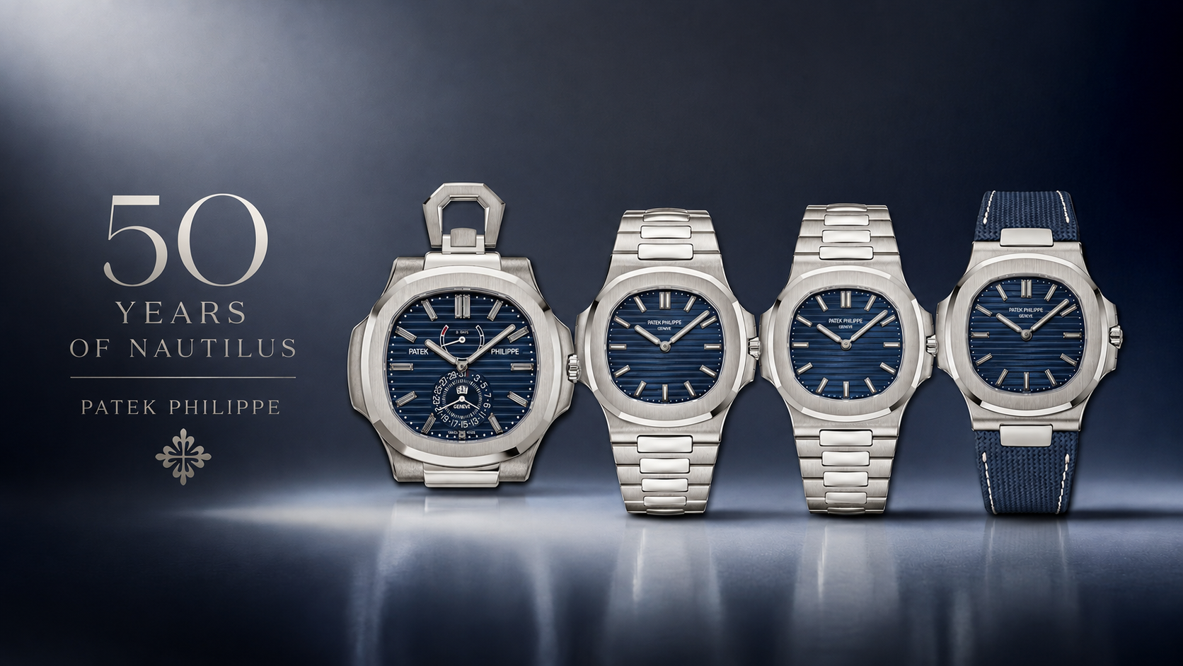 Cuatro relojes Nautilus sobre fondo azul marino por su 50 aniversario