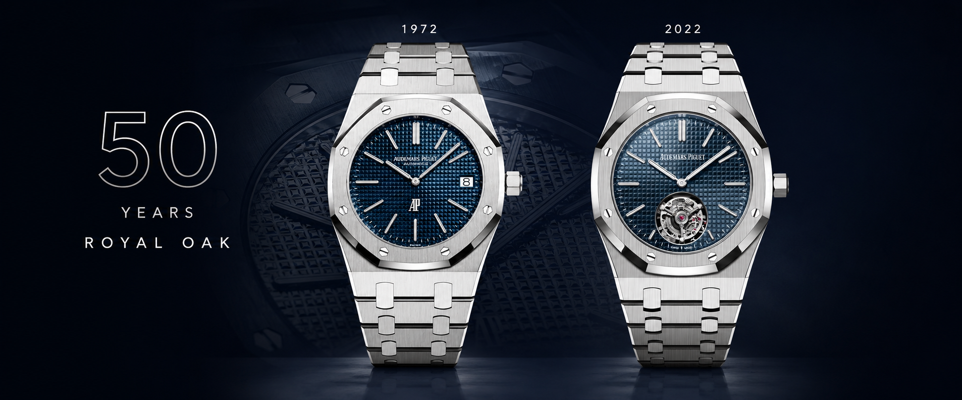 Composición azul de Audemars Piguet con el texto 50 Years Royal Oak